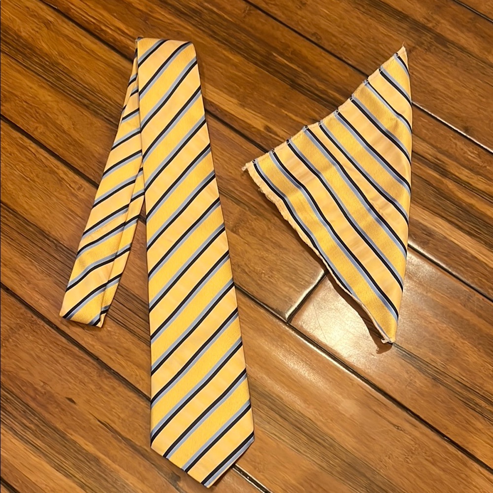 Classic Yellow and Blue Striped Tie and Marching Pocket Square